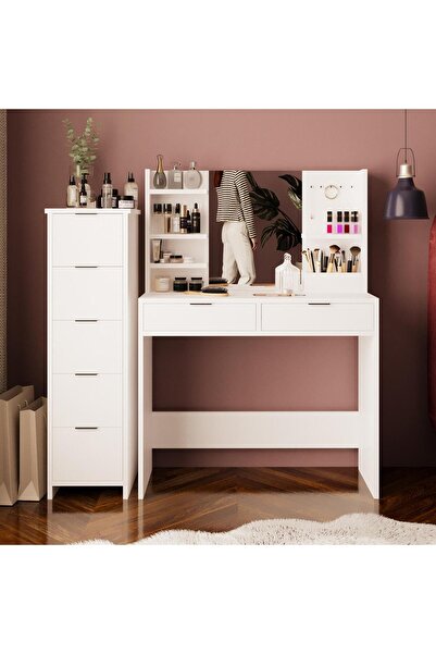 Bimossa T5050 Diena Çekmeceli Dolaplı Makyaj Masası Beyaz Aynalı Makyaj Masası Kancalı Takı Düzenleyici
