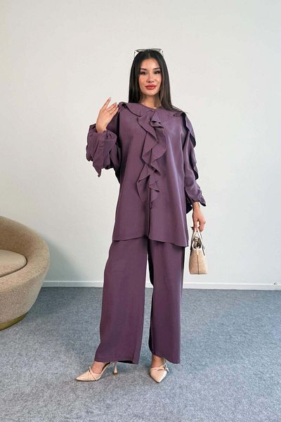 Hatun Atila Ruffle Detail Long Sleeve Blouse and Wide Leg Pants Two Piece Set 8023 - Plum