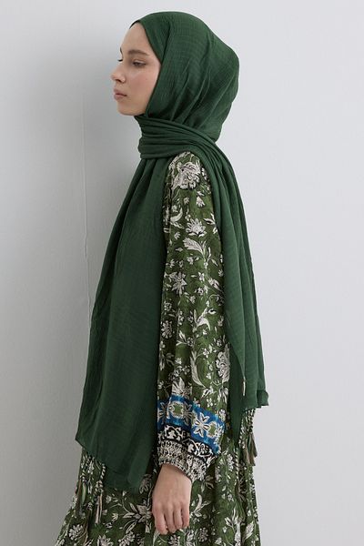 FENZA SCARF Brice Mersi̇n Green Long Fringe Tassel Cotton Shawl
