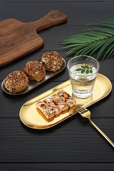 TR Turan Collection Rune Oval Stainless Steel Serving Tray Gold Color