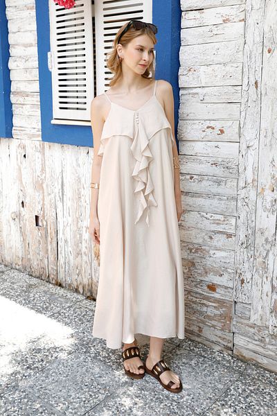 Fulla Moda Φαρδύ φόρεμα με λουράκι μπροστά με βολάν