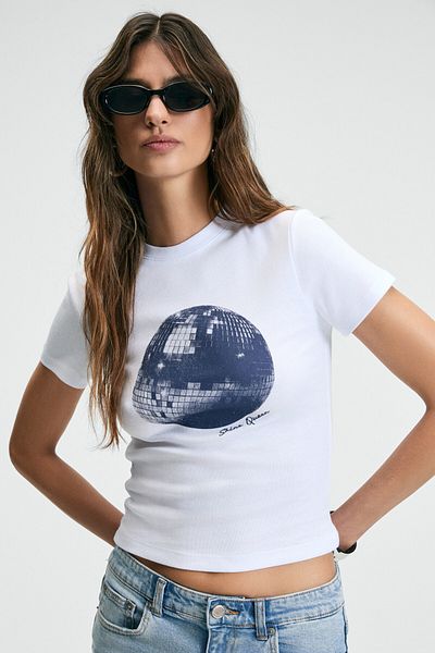 GRIMELANGE Athea Women's Crew Neck Short Sleeve Front Printed Slim White / Pattern T-Shirt