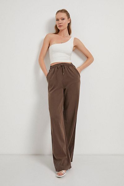 Arma Life Women's Wide Leg Waist Elastic Brown Palazzo Trousers