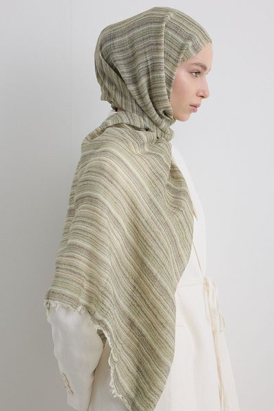 FENZA SCARF Baby Khaki Thin Striped Linen Textured Cotton Shal