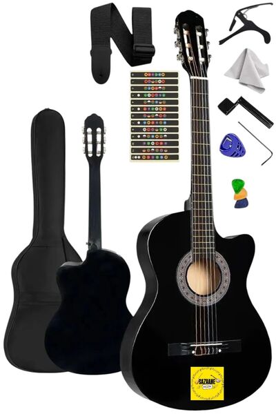 Sazhane 4/4 Kesik Kasa Sap Ayarlı Siyah Klasik Gitar Seti Full Set