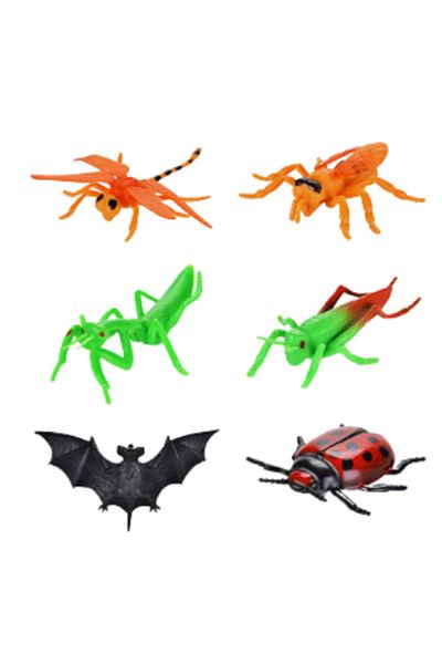 LUDIRO Set 5 Figurine Insecte si 1 Liliac, Culori Vii, Plastic, Dimensiune 10 Cm