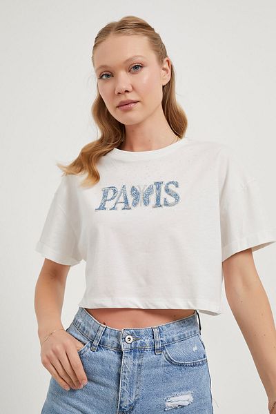 Arma Life Women's Stoned Paris Pattern Short Sleeve White Crop T-Shirt