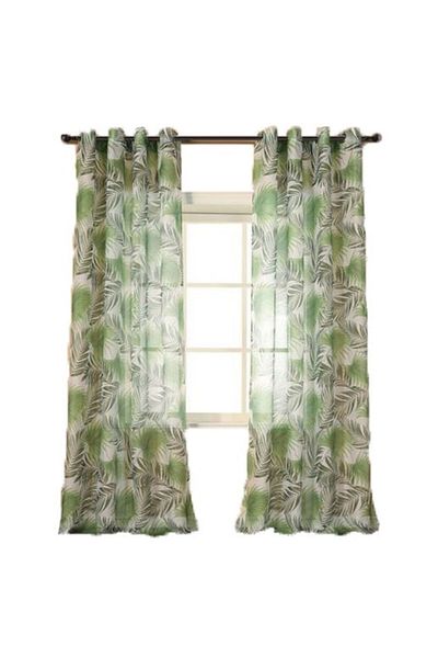 OEM Perdea translucidă cu model de frunze, verde, cu inele, 100% poliester, 260 x 140 cm