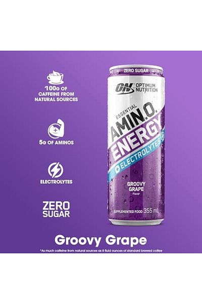 Optimum Nutrition Amino Energy Drink, Pre-Workout Energy, Grape (PACK OF 12 CANS X 355ML)