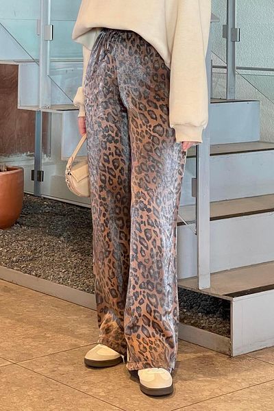 lamelif Shiny Leopard Patterned Wide Leg Trousers Chocolate Brown