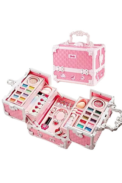 WePro Store Trusă de machiaj pentru copii cu 47 de articole, geantă cu mâner, fard de pleoape, ruj, unghii, non-toxic, roz