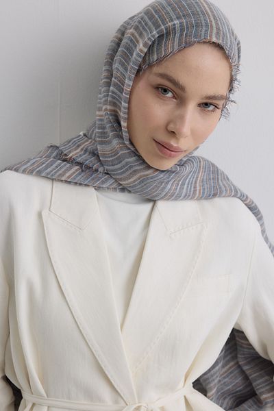 FENZA SCARF Baby Blue Pastel Striped Linen Textured Cotton Shawl