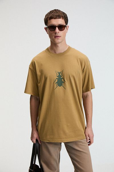 GRIMELANGE Bold Men's 100% Cotton Oversize Fit Printed Short Sleeve Round Neck Dark Beige T-Shirt