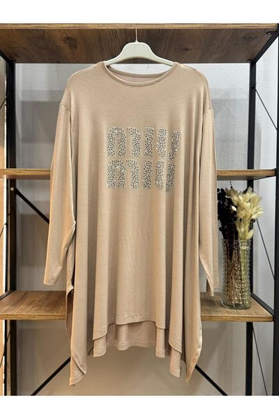 ÖZNE BUTİK Women's 100% Cotton Lycra Stone Detailed Slit Large Size Combed Cotton Tunic
