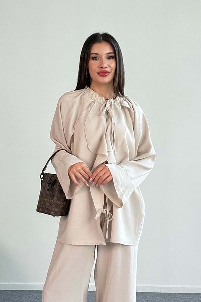 Hatun Atila Ruffled Tie-Up Detailed Shirt and Wide Leg Pants Two-Piece Set 2027 - Beige