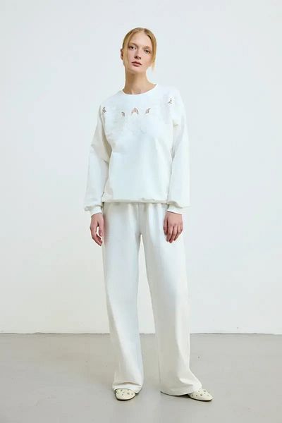 Gusto Brode Embroidered Cotton Sweatshirt - Ecru