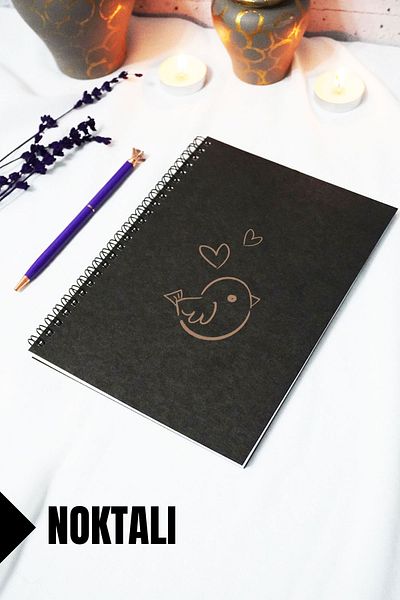 markcat A5 Bird Themed Black Kraft Cover Notebook - Dotted Notebook - 60 Sheets (120 Pages) 15X21 cm