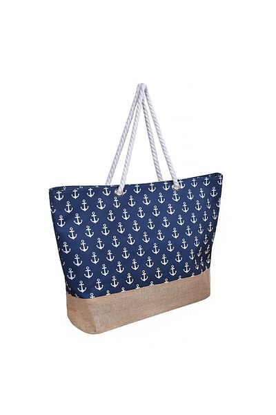 ATS Summer Beach Bag, Blue with White Anchor Pattern, 54x14x38 cm
