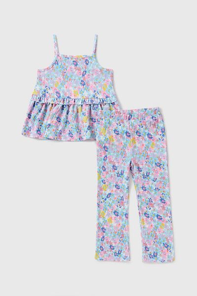 Kübra Tekstil Girl's Colorful Floral Patterned Summer Strap Blouse & Trousers Two-Piece Set