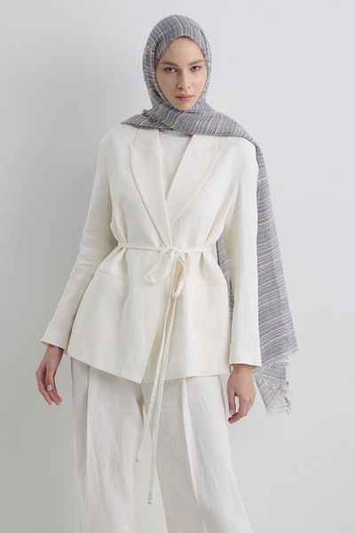 FENZA SCARF Baby Blue Pastel Striped Linen Textured Cotton Shawl
