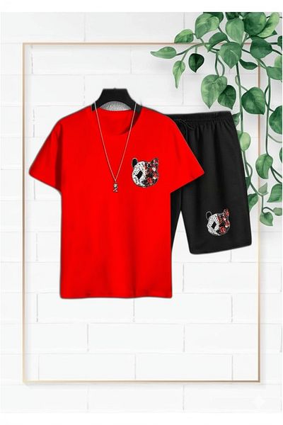 NO 601 Unisex Red Color Panda Printed Oversize Tshirt Black Panda Printed Combed Cotton Shorts Set