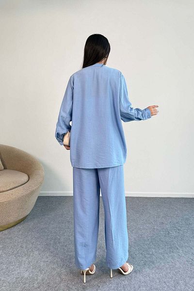 Hatun Atila Ruffle Detail Long Sleeve Shirt and Wide Leg Pants Two Piece Set 8021 - Blue