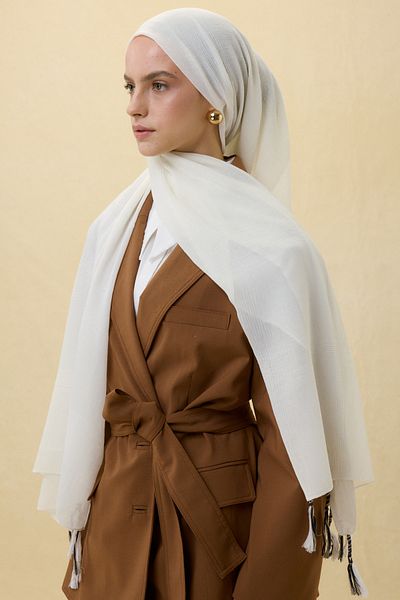 FENZA SCARF Brice White Long Fringe Tassel Cotton Shawl