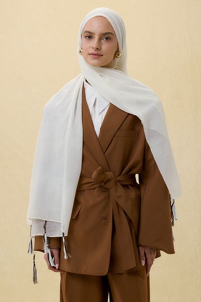 FENZA SCARF Brice White Long Fringe Tassel Cotton Shawl