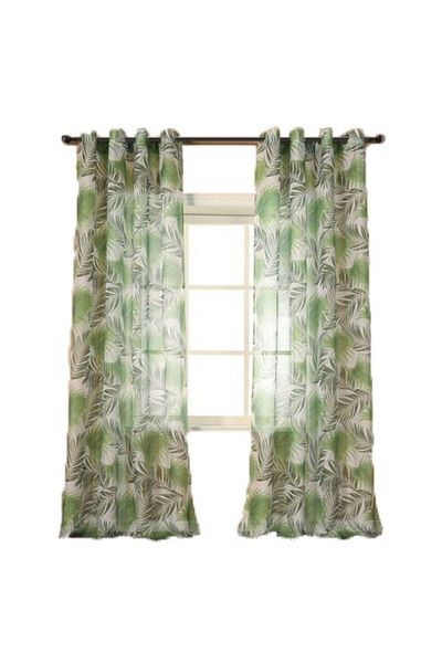 OEM Perdea translucidă cu model de frunze, verde, cu inele, 100% poliester, 260 x 140 cm