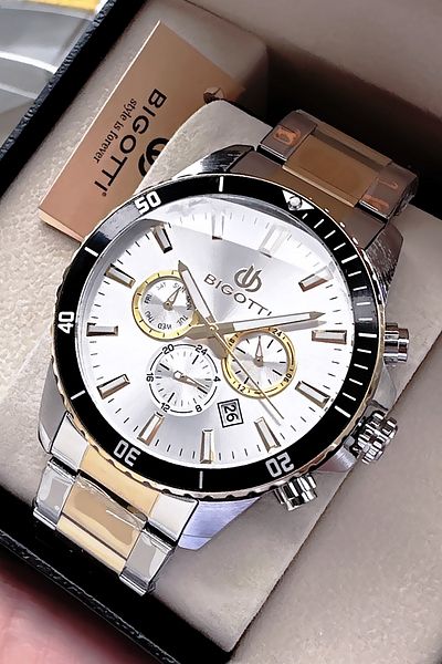 Bigotti Special Boxed 5 Atm Waterproof Men Wristwatch Gold Silver Steel Band + Gift Bracelet Bme2025C2