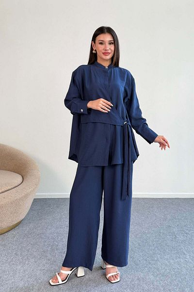 Hatun Atila Lacing Detailed Shirt and Wide Leg Pants Double Set 2519 - Navy Blue