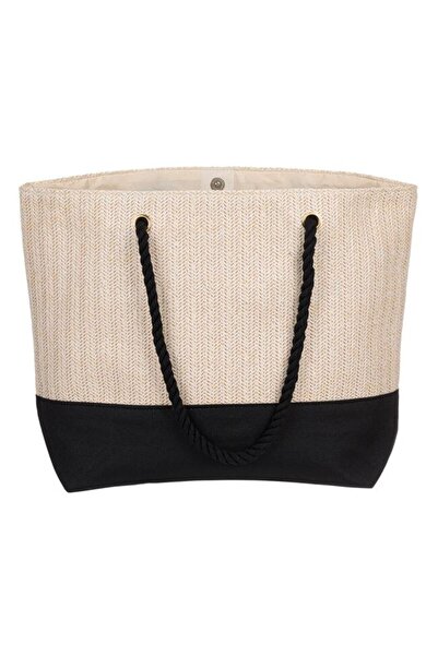 OEM Set Beach Bag 38x16x38cm and Makeup Bag 32x22cm, Cotton Polyester PP, Woven Design, Beige Black