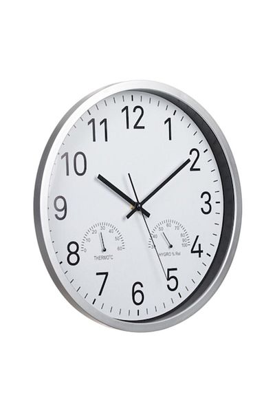 e-store Wall Clock with Thermometer and Hygrometer, Silver, 36 cm