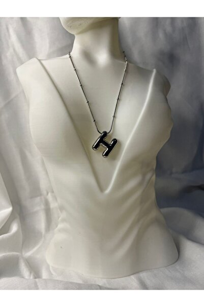 BERCHEM SCARF Kadın Gümüş Renk Zincirli Büyük "H "Harf Kolye Kişiye Özel -Mod...