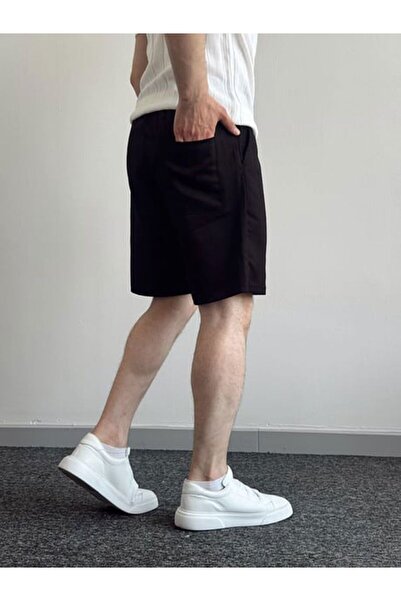 Oliggopol Ανδρικό μαύρο υφασμάτινο σορτς Gabardine Premium ποιότητας μέσης ελαστική λεπτομέρεια Capri