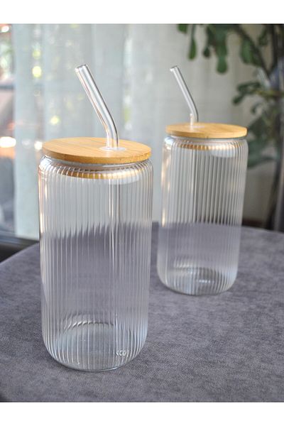 Qualitev 2Pcs Glass Striped Cup with Straw Bamboo Lid Cold Hot Coffee Cup Cocktail Cup