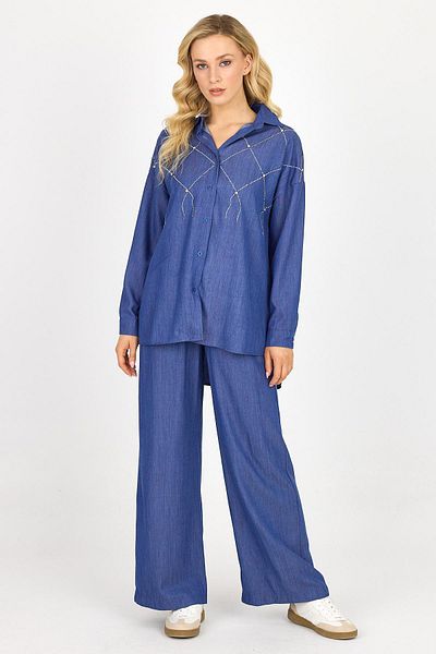 DAMGA JEANS Women's Stoned Oversize Shirt Loose Leg Baggy Pants Bottom Top Set Blue
