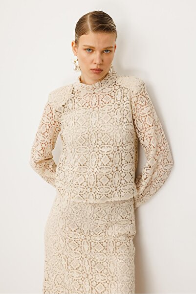 Moda İlgi Modailgi Hakim Yaka Arka Fermuar Kapamalı Güpür Dantelli Ceket Taş
