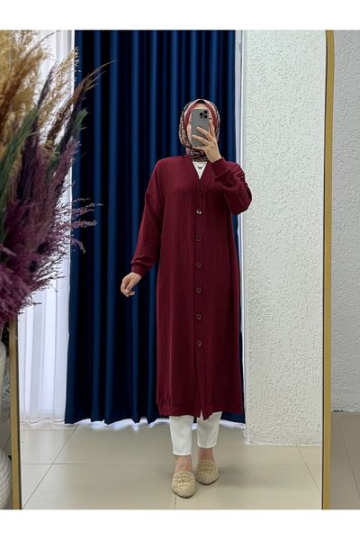 MİHRA STORE Serelle Front Buttoned Ayrobin Long Cardigan-Fa793 Burgundy
