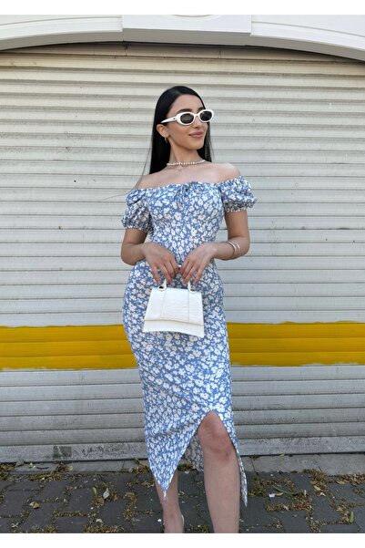 New Now Watermelon Sleeve Big Flower Pattern Slit Dress