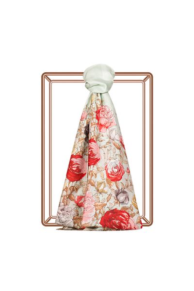 ipekevi Mint Green Silk Rose Patterned Satin Silk Shawl 6770