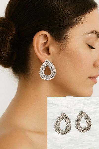 ELMATOLYE 3 Row Stone Drop Model Sparkling Earrings Silver Color Zircon Detailed Women's Evening Dress and Invitation Jewelry
