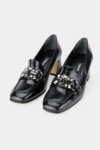 TUNAELLİ Women's Black Patent Leather Genuine Leather 35-41 Number Medium Heel Buckle Shoes