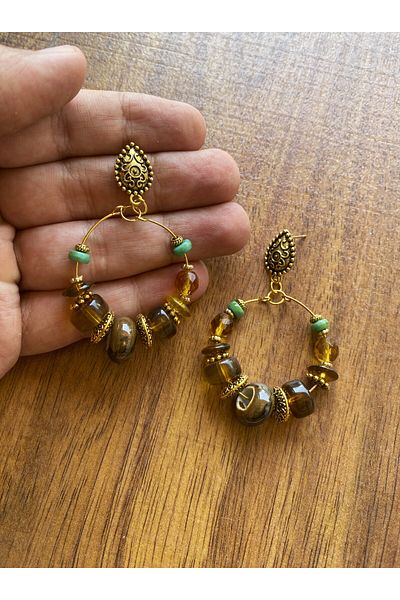 dela otantik Handmade Brown Big Hoop Earrings – Handmade Glass Beaded Antique Bohemian Authentic Bijoux Jewelry