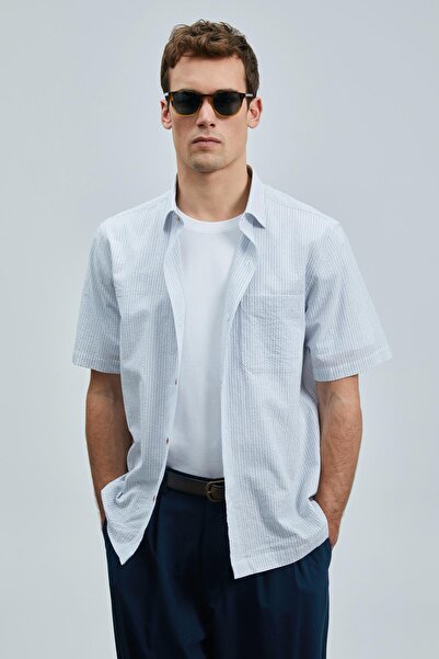 Lufian Kamer Regular Fit Men's Navy Blue Striped Cotton Shirt (111010642)