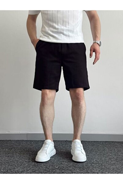 Oliggopol Ανδρικό μαύρο υφασμάτινο σορτς Gabardine Premium ποιότητας μέσης ελαστική λεπτομέρεια Capri