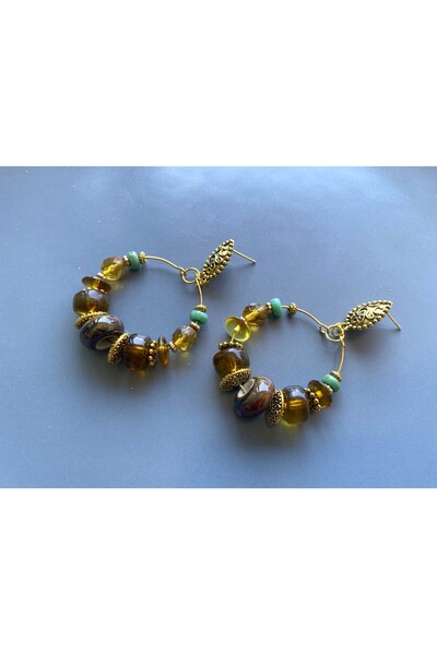 dela otantik Handmade Brown Big Hoop Earrings – Handmade Glass Beaded Antique Bohemian Authentic Bijoux Jewelry