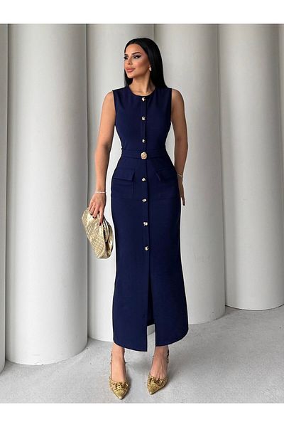 HARMONY GLOBAL Rochie Atica albastru închis cu centură și detaliu de nasturi aurii – Model modern și elegant 7335