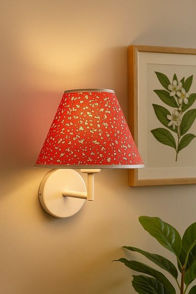 oceanpoint Red Flower Patterned Fabric Wall Sconce, White Metal Body, Decorative Night Light, 20X15 cm