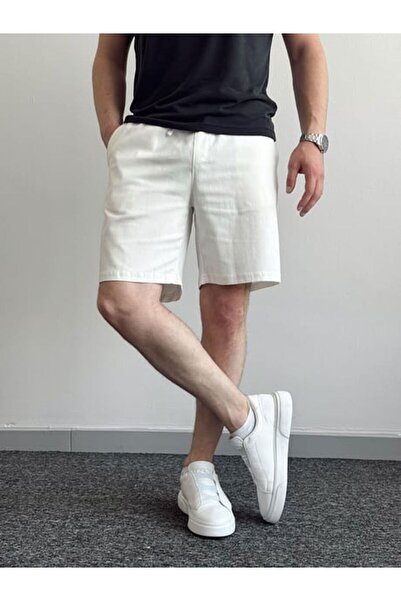 Oliggopol Ανδρικό λευκό υφασμάτινο σορτς Gabardine Premium ποιότητας μέσης ελαστική λεπτομέρεια Capri